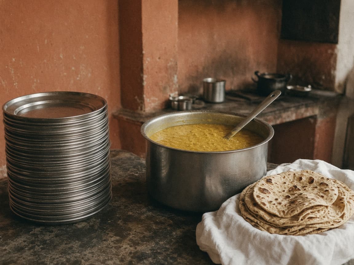 A langar kitchen: stacked steel plates, a pot of dal, and roti on white cloth. No people.