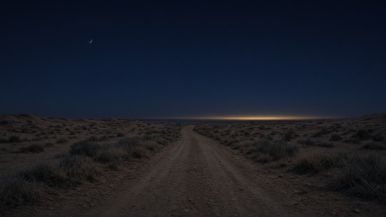 A long empty dirt road through dry country at night, with a faint glow on the horizon.