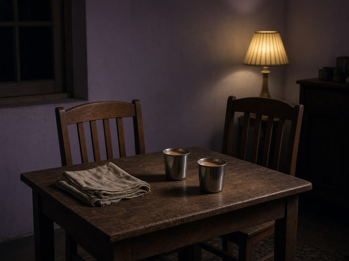 Two empty wooden chairs at a small table with two cups of tea.