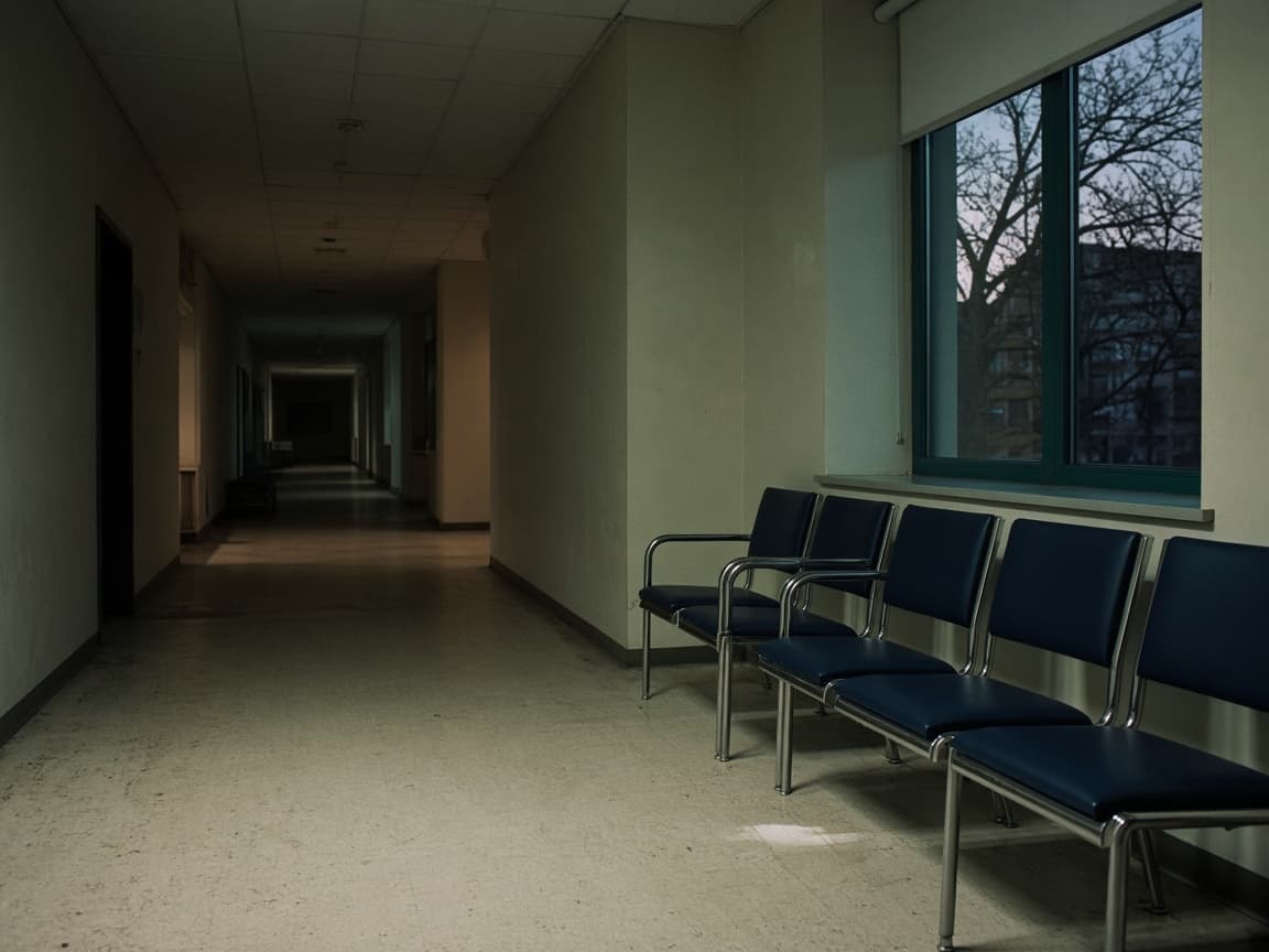 An empty clinic corridor in late light, a row of chairs by a window.