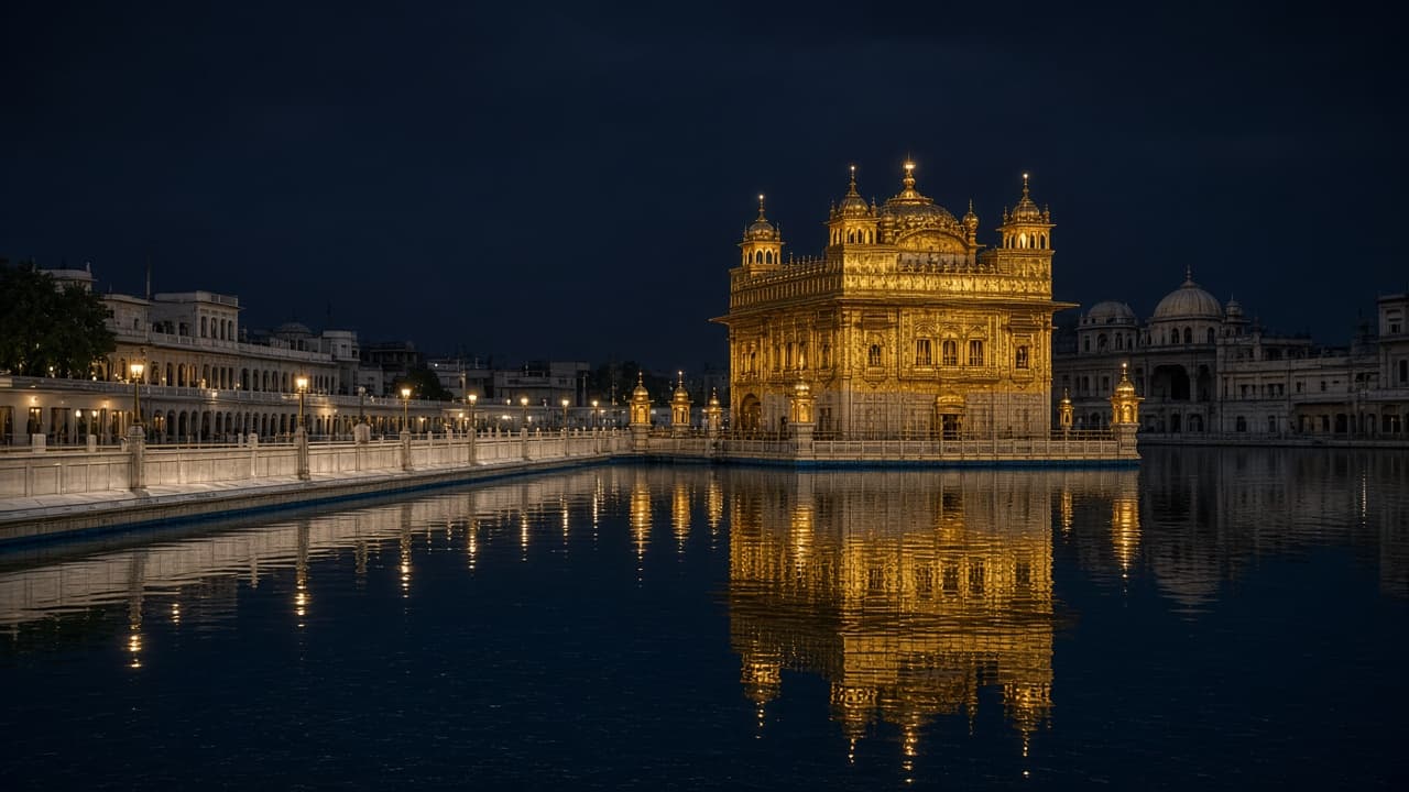 Harmandir Sahib at night, the golden sanctum reflected in still water.